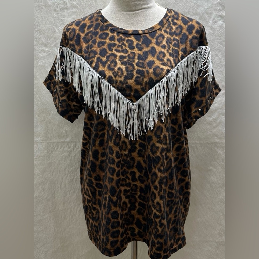 Women’s Cheetah Print Blouse With Fringe Size Medium